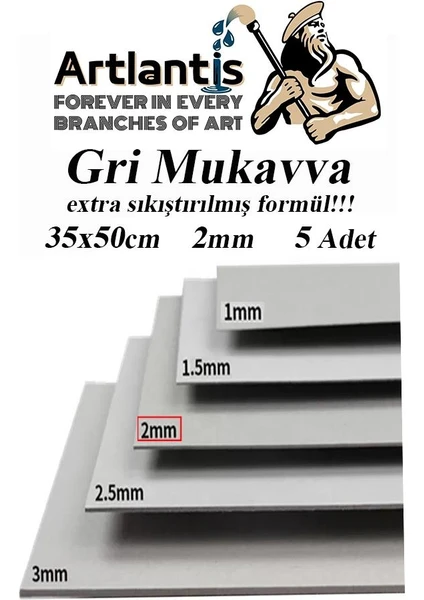 Mukavva Gri 2 mm 35X50 cm 5 Adet Sert Karton Ekstra Sıkıştırılmış 35*50 Mukavva Gri Renkli 2mm 5 Adet