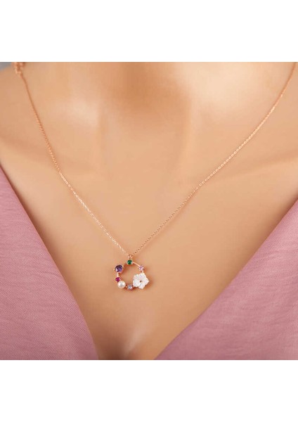 Gümüş Rose Renkli Taşlı Manolya Çiçeği Kadın Kolye