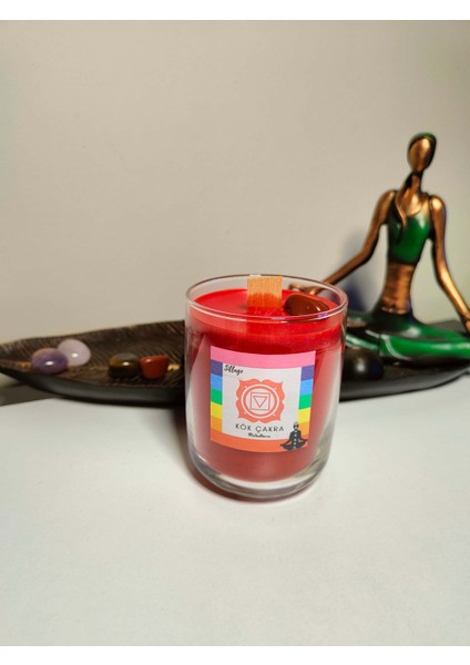 Kök Çakra Meditasyon Yoga Şifa Mumu Hematit Çakra Taşı ve Kök Çakraya Özel Sedir ve Paçuli Kokulu