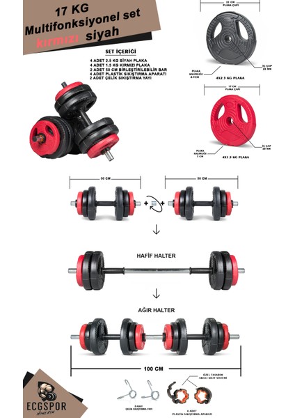 Ecgspor Yıldız Serisi 17 kg Multifonksiyonel Kırmızı Siyah Halter Seti ve Dambıl Seti