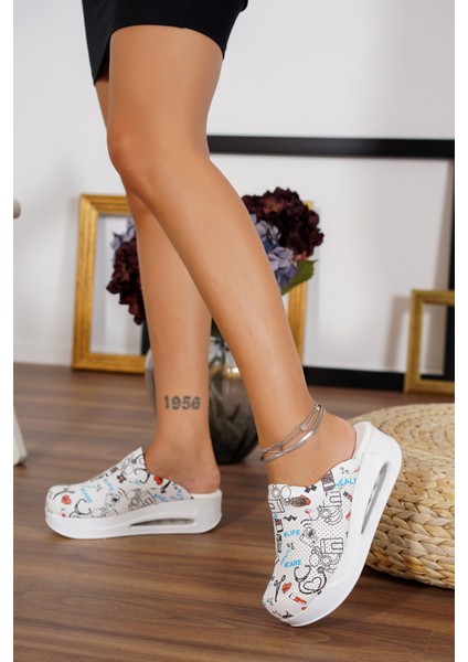 Beyaz Sağlık Desen Kadın Airmax Taban Tam Ortopedik Anatomik Hastene, Doktor, Hemşire, Aşçı Sabo Terlik