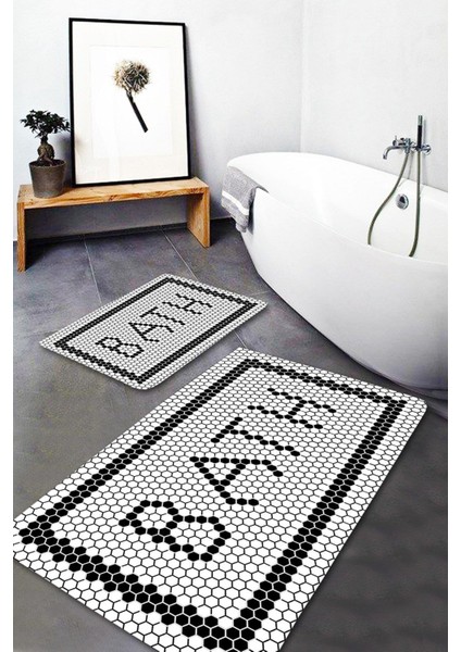 Dijital Baskılı Kaymaz Taban Black Bath Yıkanabilir 2li Banyo Halısı Paspas Klozet Takımı