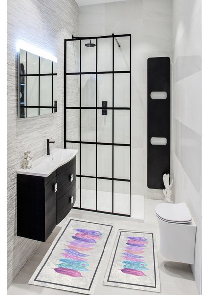 Dijital Baskılı Renklitüyler Desenli Yıkanabilir Kaymaz Taban 2li Banyo Halısı Paspas Klozet Takım
