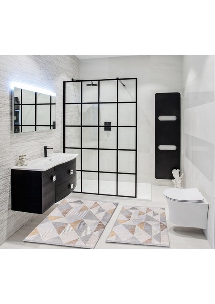 Dijital Baskılı Üçgen Desenli Yıkanabilir Kaymaz Taban 2li Banyo Halısı Paspas Klozet Takım