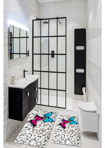 Dijital Baskılı Renklikelebek Desenli Yıkanabilir Kaymaz Taban 2li Banyo Halısı Paspas Klozet Takım