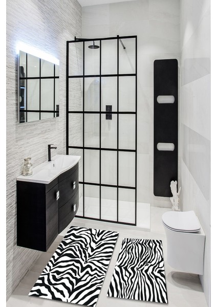 Siyah Beyaz Zebra Desenli Yıkanabilir Kaymaz Taban 2li Banyo Halısı Paspas Klozet Takımı