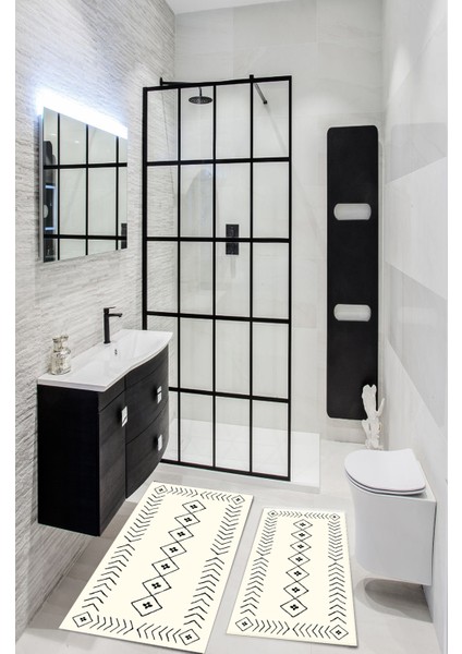 Dijital Baskılı Geometrik Desenli Yıkanabilir Kaymaz Taban 2li Banyo Halısı Paspas Klozet Takım