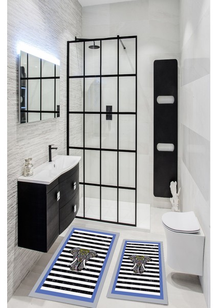Dijital Baskılı Mavi Filli Desen Yıkanabilir Kaymaz Taban 2li Banyo Halısı Paspas Klozet Takım