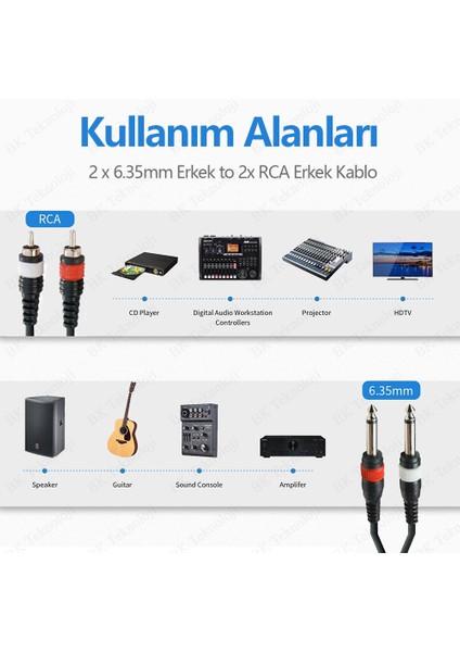 BK Teknoloji 2x 6.35 mm 1/4 Erkek Jack To 2x Rca Erkek Ses Kablosu 3 Metre