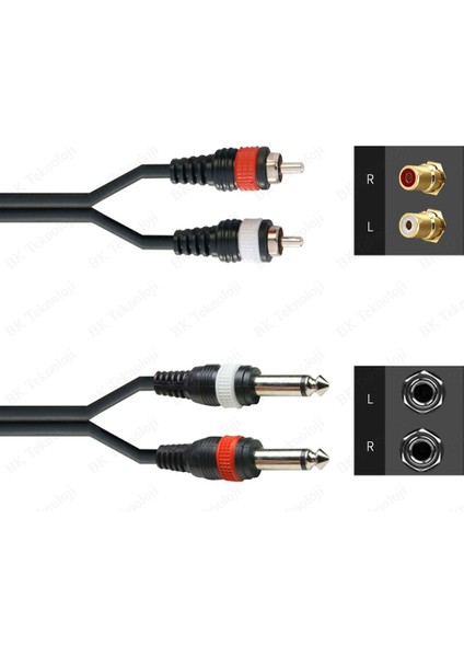 BK Teknoloji 2x 6.35 mm 1/4 Erkek Jack To 2x Rca Erkek Ses Kablosu 3 Metre