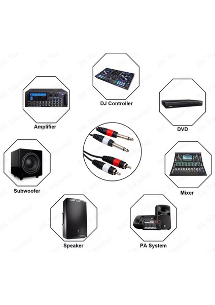 BK Teknoloji 2x 6.35 mm 1/4 Erkek Jack To 2x Rca Erkek Ses Kablosu 3 Metre