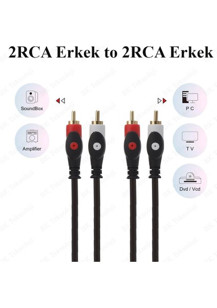 BK Teknoloji Yüksek Kalite 2rca Erkek-Erkek Ses Kablosu - 1.5 Metre