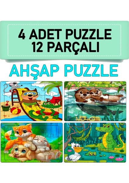 Eğitici - Öğretici 12 Parça 4 Adet Puzzle Seti - 2 Timsah,kedicik,sincaplar,köpek