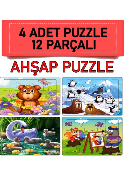 Eğitici - Öğretici 12 Parça 4 Adet Puzzle Seti - 4 Kuğu,kış,kirpi,ayıcık