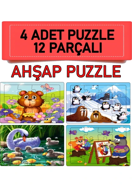 Lina Lazer Eğitici - Öğretici 12 Parça 4 Adet Puzzle Seti - 4 Kuğu,kış,kirpi,ayıcık