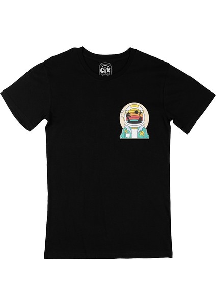 Astronot Uzayda Cep Logo Tasarımlı Siyah Tişört