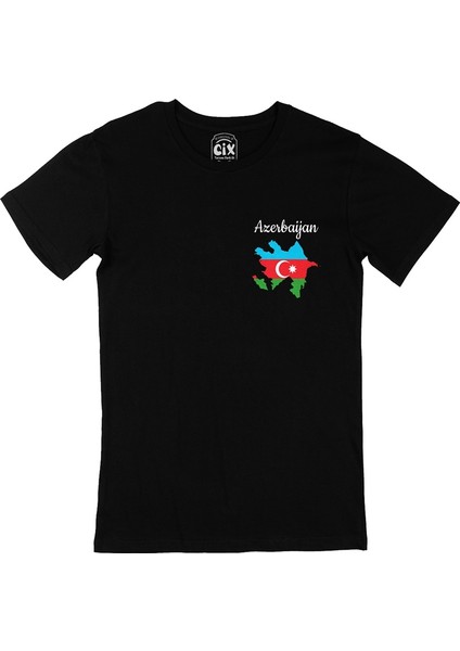 Azerbaycan Haritalı ve Bayraklı Cep Logo Tasarımlı Siyah Tişört