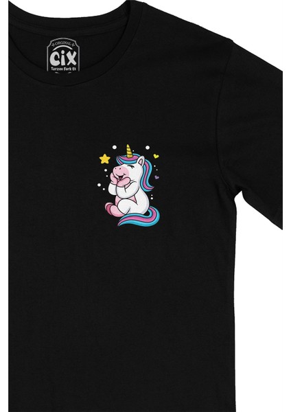 Cix Unicorn Cep Logo Tasarımlı Siyah Tişört