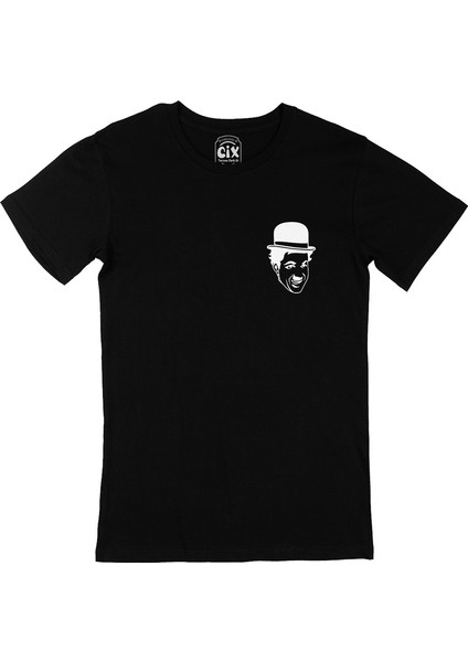 Cix Charlie Chaplin Şapkalı Cep Logo Tasarımlı Siyah Tişört