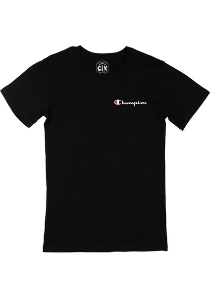 Cix Şampiyon Yazılı Cep Logo Tasarımlı Siyah Tişört