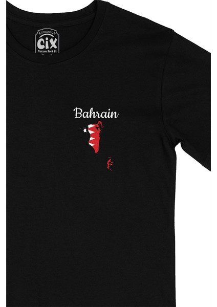 Cix Bahreyn Haritalı ve Bayraklı Cep Logo Tasarımlı Siyah Tişört