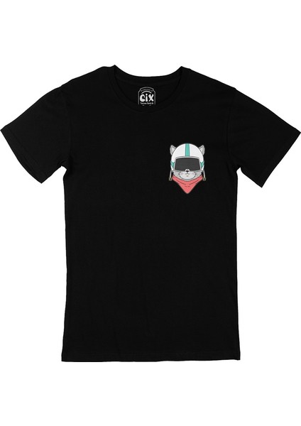 Astronot Kedi Cep Logo Tasarımlı Siyah Tişört