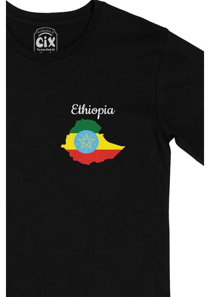 Cix Etiyopya Haritalı ve Bayraklı Cep Logo Tasarımlı Siyah Tişört fiyatları
