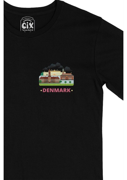 Danimarka Cep Logo Tasarımlı Siyah Tişört