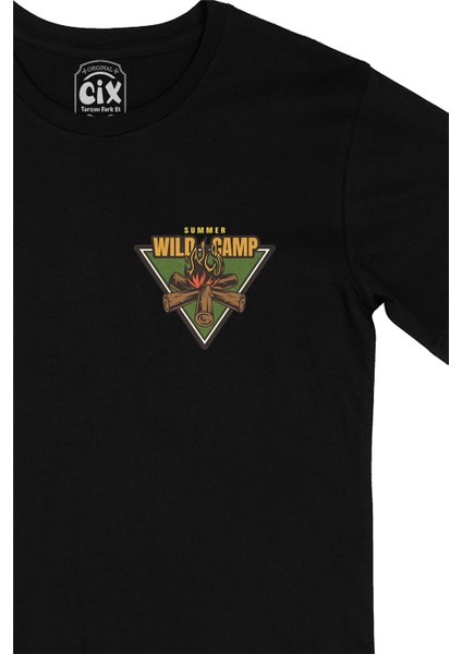 Summer Wild Camp Cep Logo Tasarımlı Siyah Tişört