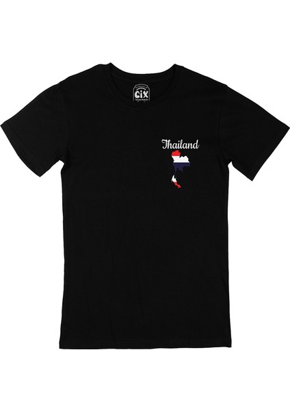 Tayland Haritalı ve Bayraklı Cep Logo Tasarımlı Siyah Tişört