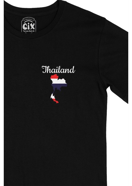 Tayland Haritalı ve Bayraklı Cep Logo Tasarımlı Siyah Tişört