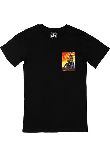 Cix Vintage Moto Racer Cep Logo Tasarımlı Siyah Tişört