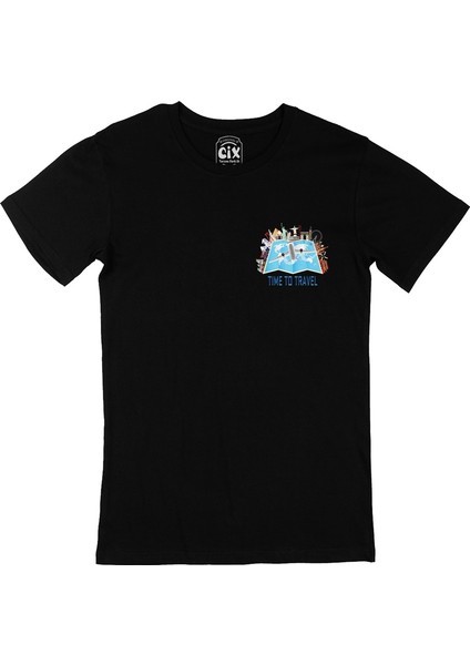 Cix Seyahat Haritası Cep Logo Tasarımlı Siyah Tişört