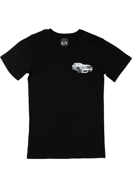 Beyaz Spor Araba Cep Logo Tasarımlı Siyah Tişört