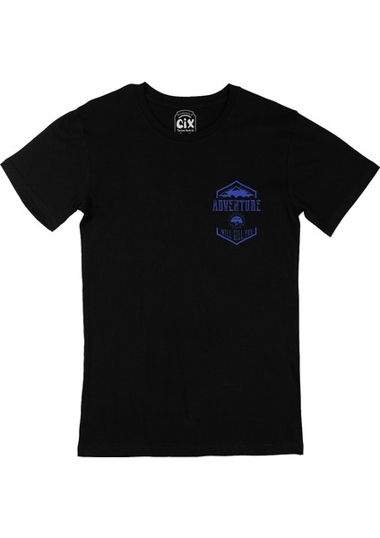 Cix Mavi Adventure Will Kill You Cep Logo Tasarımlı Siyah Tişört
