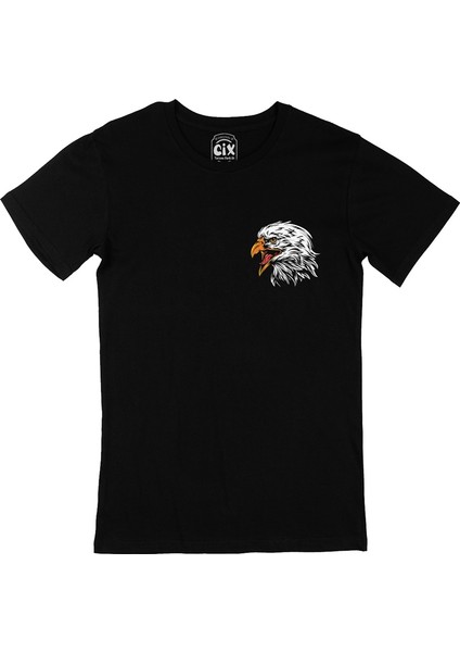 Cix Siyah Beyaz Kartal Cep Logo Tasarımlı Siyah Tişört