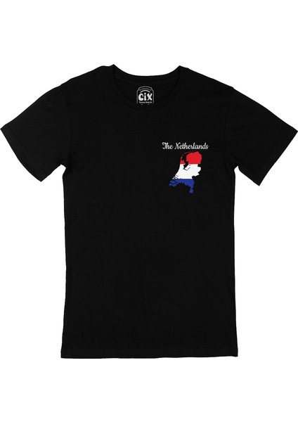 Cix Hollanda Haritalı ve Bayraklı Cep Logo Tasarımlı Siyah Tişört