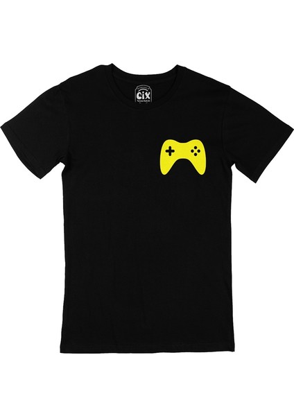 Cix Sarı Joystick Cep Logo Tasarımlı Siyah Tişört