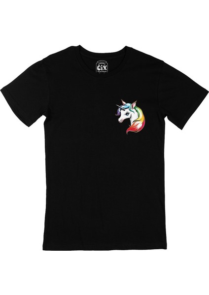 Cix Renkli Unicorn Cep Logo Tasarımlı Siyah Tişört