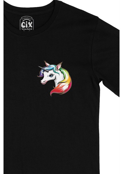 Cix Renkli Unicorn Cep Logo Tasarımlı Siyah Tişört fiyatları
