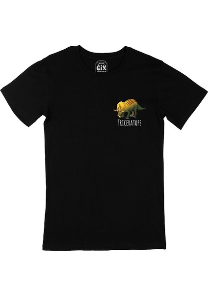 Triceratops Dinozor Cep Logo Tasarımlı Siyah Tişört
