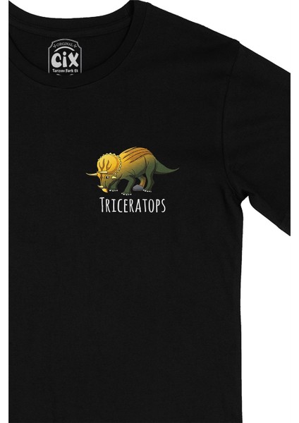 Triceratops Dinozor Cep Logo Tasarımlı Siyah Tişört
