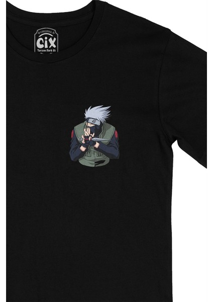 Cix Naruto Kakashi Hatake Cep Logo Tasarımlı Siyah Tişört