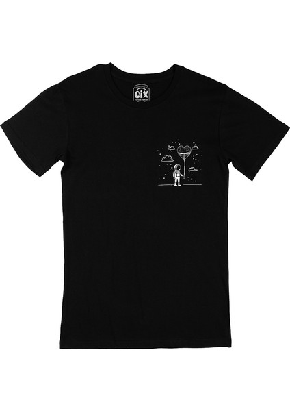 Cix Aşık Astronot Cep Logo Tasarımlı Siyah Tişört