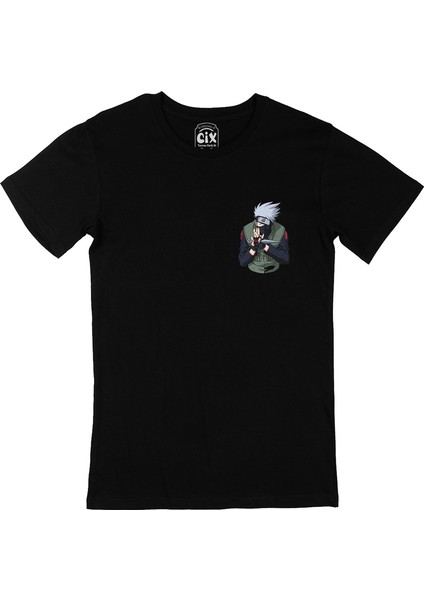 Naruto Kakashi Hatake Cep Logo Tasarımlı Siyah Tişört