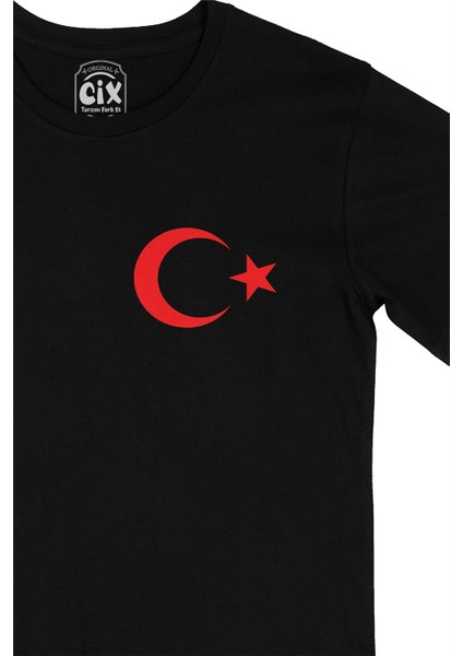 Cix Türk Bayrağı Cep Logo Tasarımlı Siyah Tişört