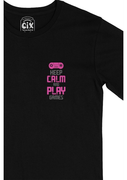 Cix Pembe Keep Calm Play Game Cep Logo Tasarımlı Siyah Tişört fiyatları