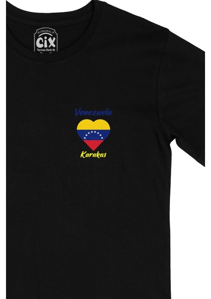 Cix Karakas Venezuela Bayraklı Kalpli Cep Logo Tasarımlı Siyah Tişört