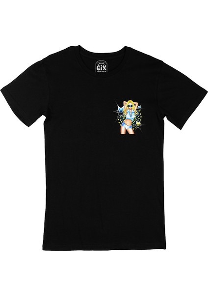 Star Girl Cep Logo Tasarımlı Siyah Tişört