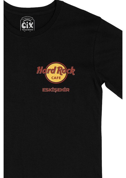 Cix Hard Rock Cafe Eskişehir Cep Logo Tasarımlı Siyah Tişört